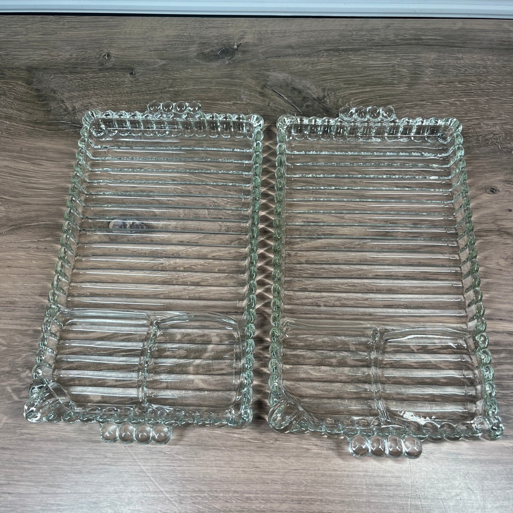 Vintage 50s Hazel-Atlas Glass Serving Snack Tray Clear Ribbed Beaded 2pc Set